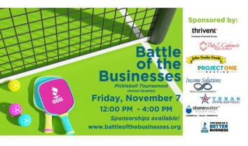  Image for the 2025 BBB Battle of the Businesses pickleball tournament on a light green background with event sponsors at the right.