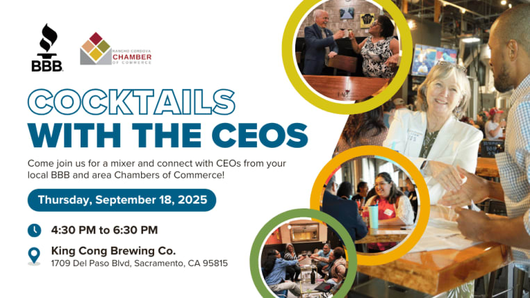 Images show previous Cocktails with the CEOs mixer guests shaking hands and toasting. The next event will be held September 18, 2025 from 4:30 to 6:30 PM at King Cong Brewing in Sacramento.