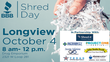 Light blue image showing date of October 4 for document shredding day hosted by BBB in Longview with sponsor logos at bottom right