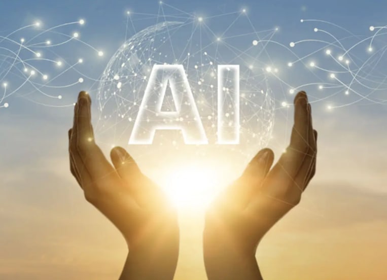 hands in the sky encapping the sun with the word AI above the sun