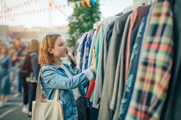 woman shopping at open air secondhand thrift shop
