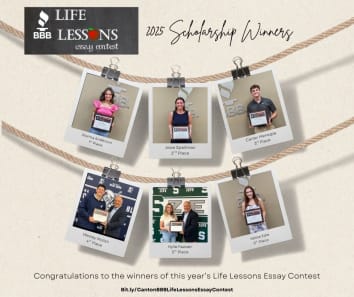 Polaroid pictures on jute string of the winners of the 2025 Life Lessons Essay Contest