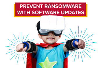 Young boy using virtual reality video game wearing a cape with caption prevent ransomware with software updates