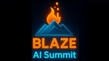 Glowing logo similar to neon sign that has the words BLAZE AI Summit with a blue mountain above it and flames coming out of the mountain top