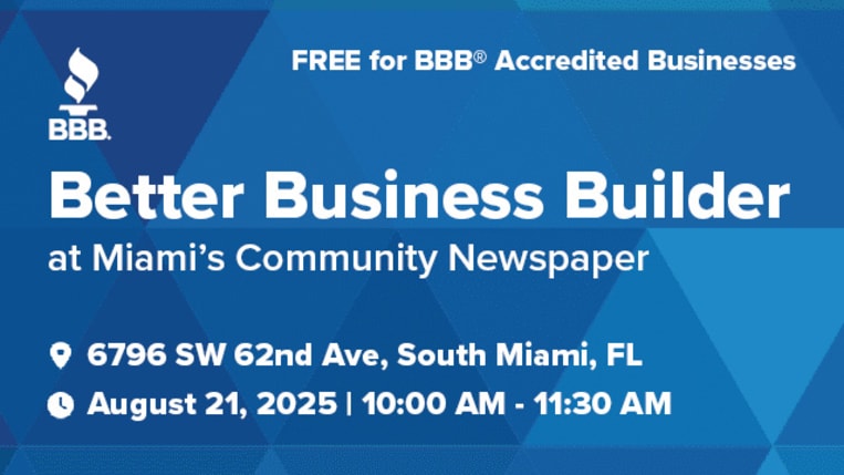 BBB networking event banner on 8/21 at 10 at Miami's Community Newspapers
