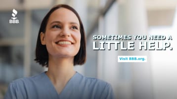 Woman smiling with the caption, sometimes you need a little help, visit bbb.org