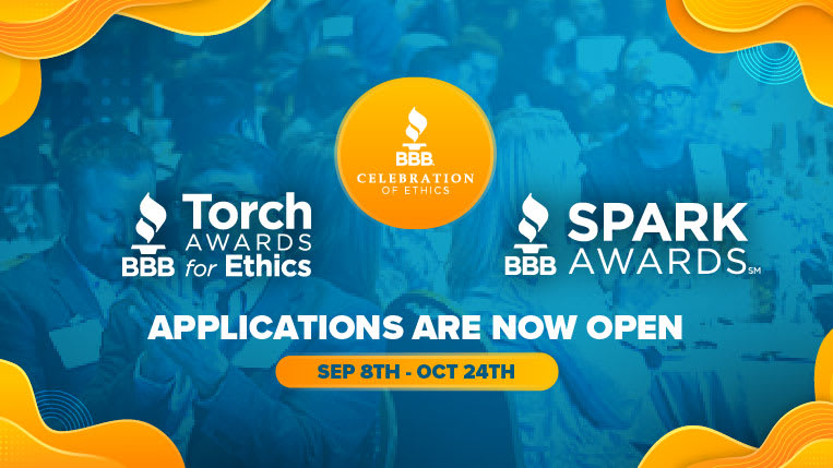 A header showing that applications for the BBB Torch and Spark Awards are open from September 8 to October 24.
