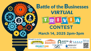 Image on yellow background with a stylized lightbulb with gears inside to the left and "Battle of the Businesses Virtual Trivia Contest" at upper right, "March 14, 2025 2pm-3pm" at center right, and sponsor logos at bottom right