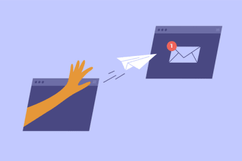 Human hand sending paper airplane from virtual computer window frame. New incoming email message. Send mail concept. Online messaging in internet. Social media chatting. Technology vector illustration