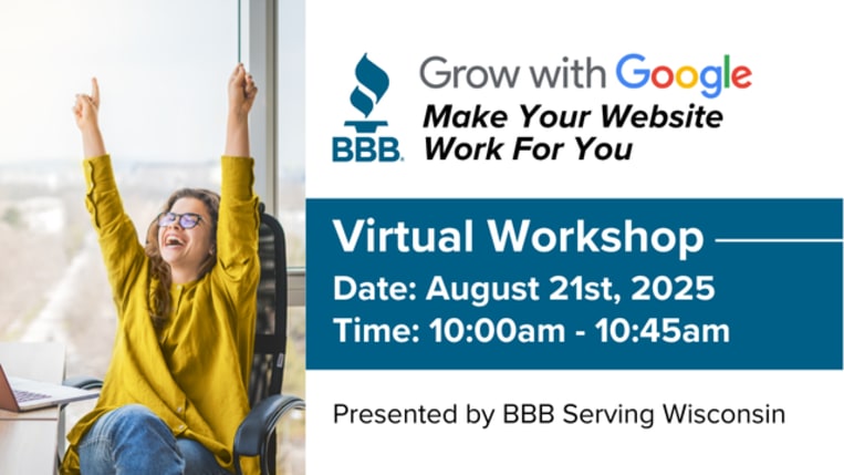 Image of happy woman at computer with information regarding Grow With Google Website Webinar by BBB WI