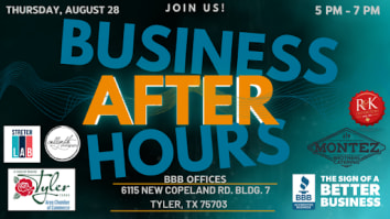 Graphic for BBB Business After Hours on August 28, 2025with Tyler Chamber of Commerce logo in lower left corner and Better Business Bureau logo in lower right corner