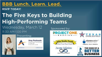 Image for the March, 2025 BBB Lunch.Learn.Lead. session on blue background with title "The Five Keys to Building High-Performing Teams" in the center, a photo of the presenter in the lower left corner, and a list of event sponsors in the lower right corner. 