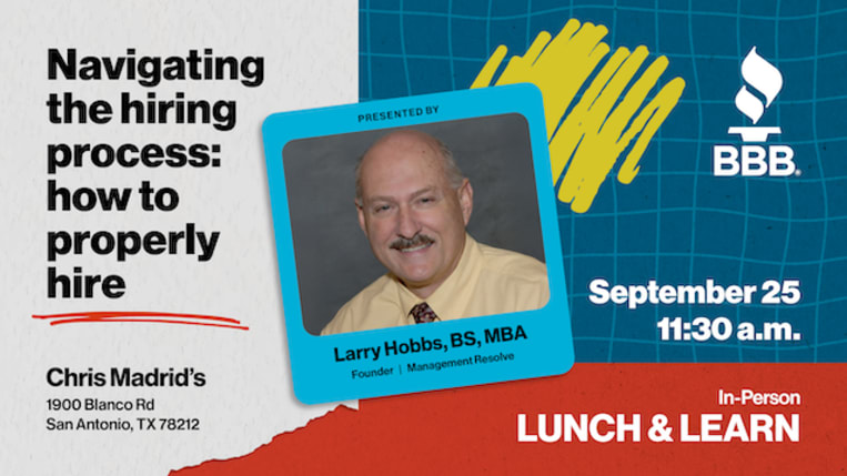 Navigating the hiring process. How to properly hire. September 25 at 11:30 a.m. In-person lunch and learn. Chris Madrid's.