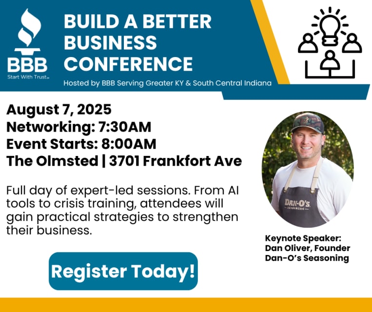 an image promoting BBB's Build a Better Business Conference. Includes a headshot of Dan Oliver.