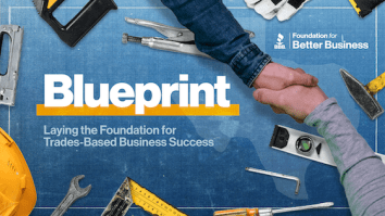 Blueprint for Better Business. Laying the Foundation for Trades-Based Business Success. People shaking hands surrounded by construction tools.