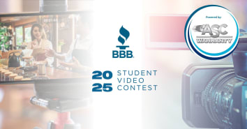 Promotional banner for the 2025 BBB student video contest, featuring a background of students filming a coffee shop scene and a close-up of a video camera. The BBB logo is centered, and the contest is powered by ASC Warranty, whose logo appears in the top right corner.