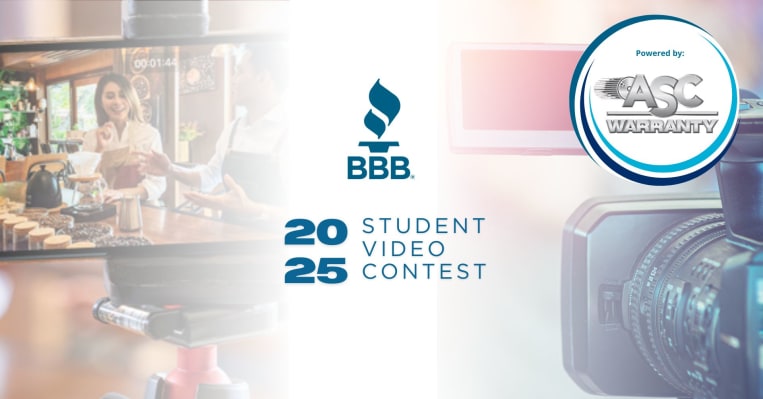 Promotional banner for the 2025 BBB student video contest, featuring a background of students filming a coffee shop scene and a close-up of a video camera. The BBB logo is centered, and the contest is powered by ASC Warranty, whose logo appears in the top right corner.