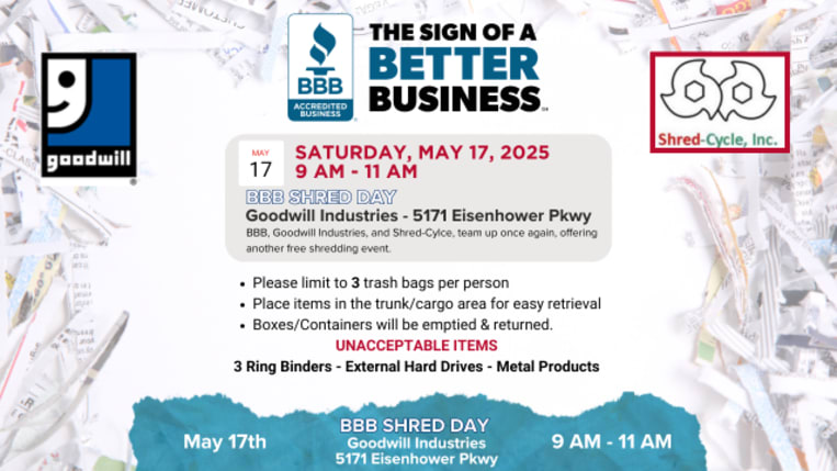 BBB, Goodwill industries, and Shred Cyle invitation to May 17th Shred Day, at 5171 Eisenhower Parkway, Macon, GA between 9am - 11am
