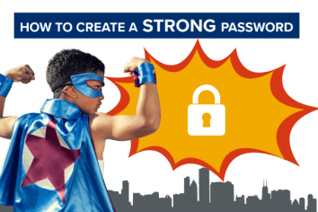 Young boy dressed as a superhero showing his muscles with caption how to create a strong password