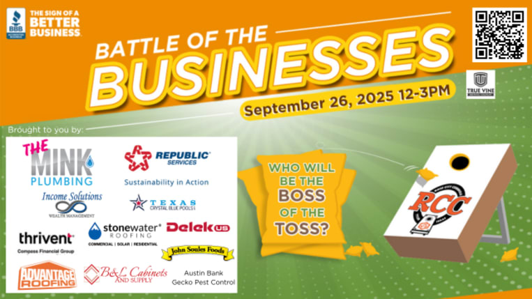 Orange and green image for the 2025 BBB Cornhole tournament with sponsor logos at lower left