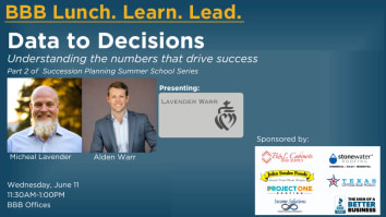 Image for the June, 2025 BBB Lunch.Learn.Lead. session on a blue background with the title "Data to Decisions" at the top in white, photos of presenters at the left center, and logs of sponsors at lower right.