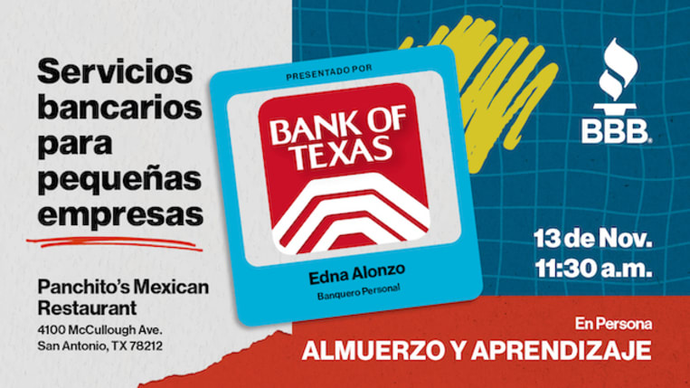 Servicios bancarios para pequenas empresas. 13 de Novembre 11:30 a.m.. En Persona Almuerzo y Aprendizaje.