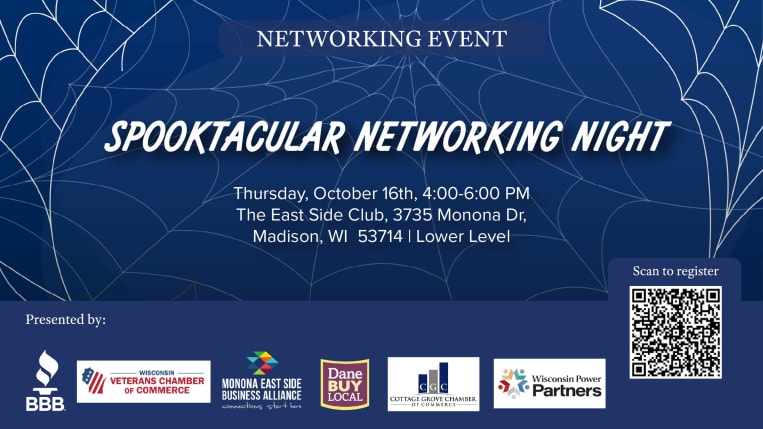 Purple background with spider web design advertsing Spooktacular Networking Event with partner logos.