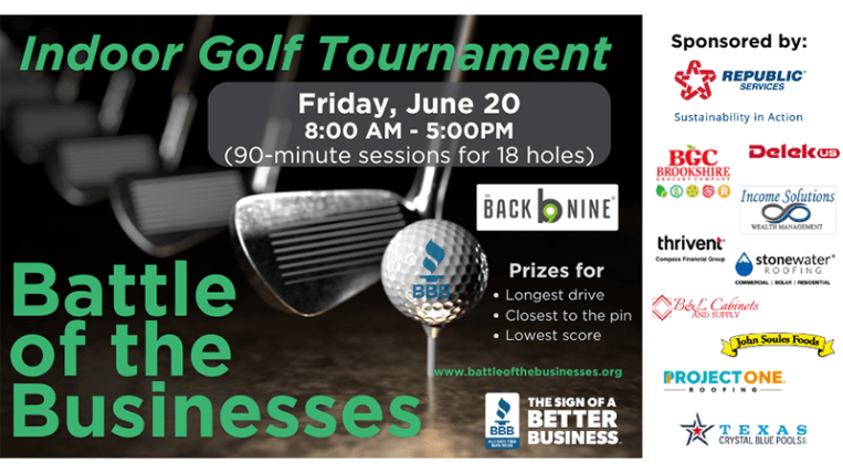 Graphic describing the 2025 BBB Battle of the Businesses indoor golf tournament on a black background with an image of a golf club and golf ball at lower center and event sponsors at lower right.