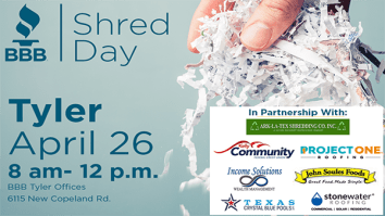 Light blue image showing date of April 26 for document shredding day hosted by BBB in Carthage with sponsor logos at bottom right