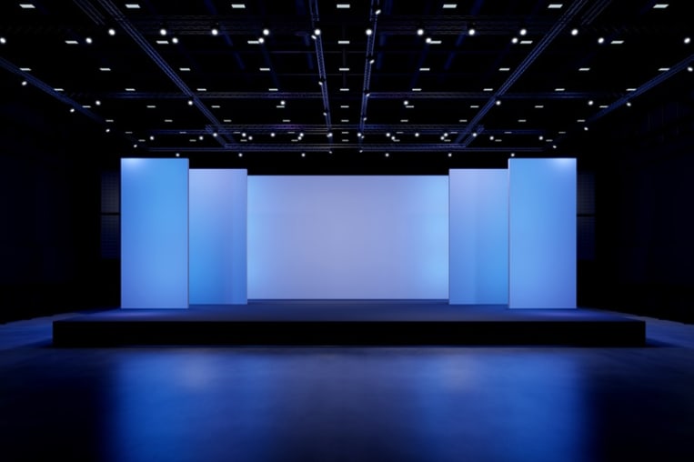 Empty stage Design for mockup and Corporate identity,Display.Platform elements in hall.Blank screen system for Graphic Resources.Scene event led night light staging.3d Background for online.3 render.