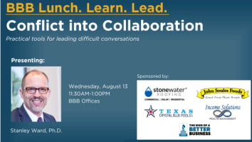 A graphic for the August, 2025 BBB Lunch.Learn.Lead. session on a blue background, with a portrait of presenter Stanley Ward in the lower left corner and event sponsors in the lower right corner. 