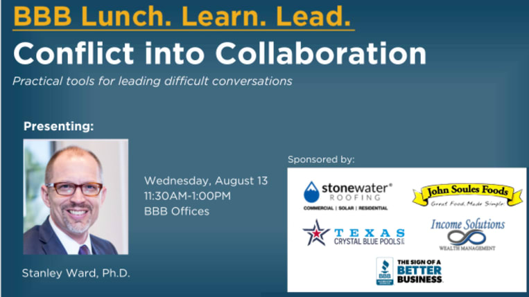 A graphic for the August, 2025 BBB Lunch.Learn.Lead. session on a blue background, with a portrait of presenter Stanley Ward in the lower left corner and event sponsors in the lower right corner. 