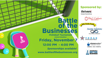  Image for the 2025 BBB Battle of the Businesses pickleball tournament on a light green background with event sponsors at the right.