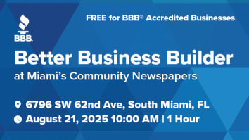BBB networking event banner on 8/21 at 10 at Miami's Community Newspapers