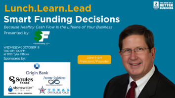 Image on blue background for the Better Business Bureau of Central East Texas' October, 2025 Lunch Learn Lead session, with the title "Smart Funding Decisions" in white text at the top, an image of the presenter John Hart at the right, the BBB logo in the upper right corner, and the event sponsors' logos in the lower left corner. 