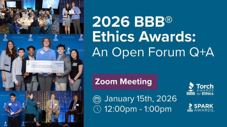 Promotional image for the ‘2026 BBB Ethics Awards: An Open Forum Q&A’ Zoom meeting on January 15, 2026 from 12:00 to 1:00 PM. The right side features a blue background with the BBB logo and event title. Beneath it, text reads ‘A casual, drop-in session to help applicants navigate final steps before the application deadline.’ The bottom bar displays ‘Zoom Meeting | January 15th, 2026 • 12:00pm – 1:00pm. 