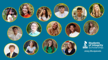 Image of all 15 student scholarship recipients on a blue background