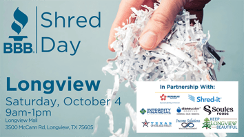 Light blue image showing date of October 4 for document shredding day hosted by BBB in Longview with sponsor logos at bottom right