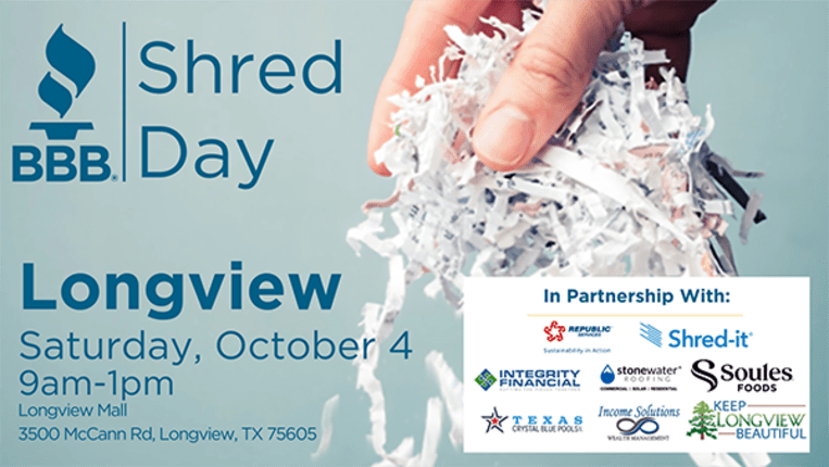 Light blue image showing date of October 4 for document shredding day hosted by BBB in Longview with sponsor logos at bottom right