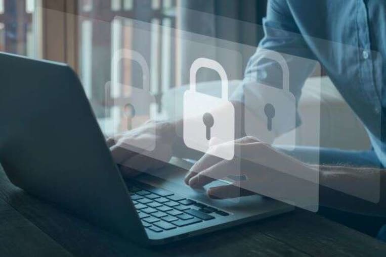 graphic of a person using a website with a superimposed lock symbol